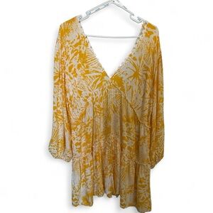 Blue Island Yellow White Tropical Print Boho Deep V Mini Tiered Dress-Sz M